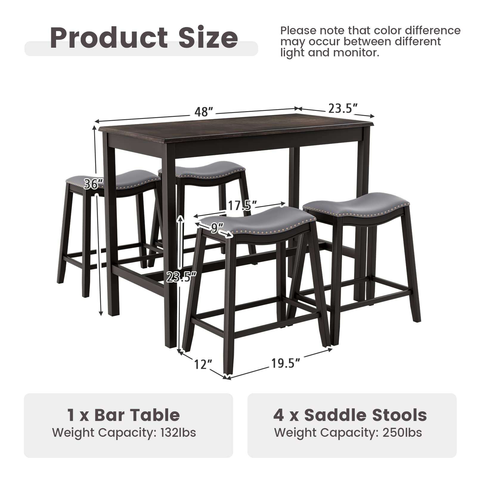 5 Pieces Bar Table Set, Bistro Table Set for 4, Counter Height Pub Table