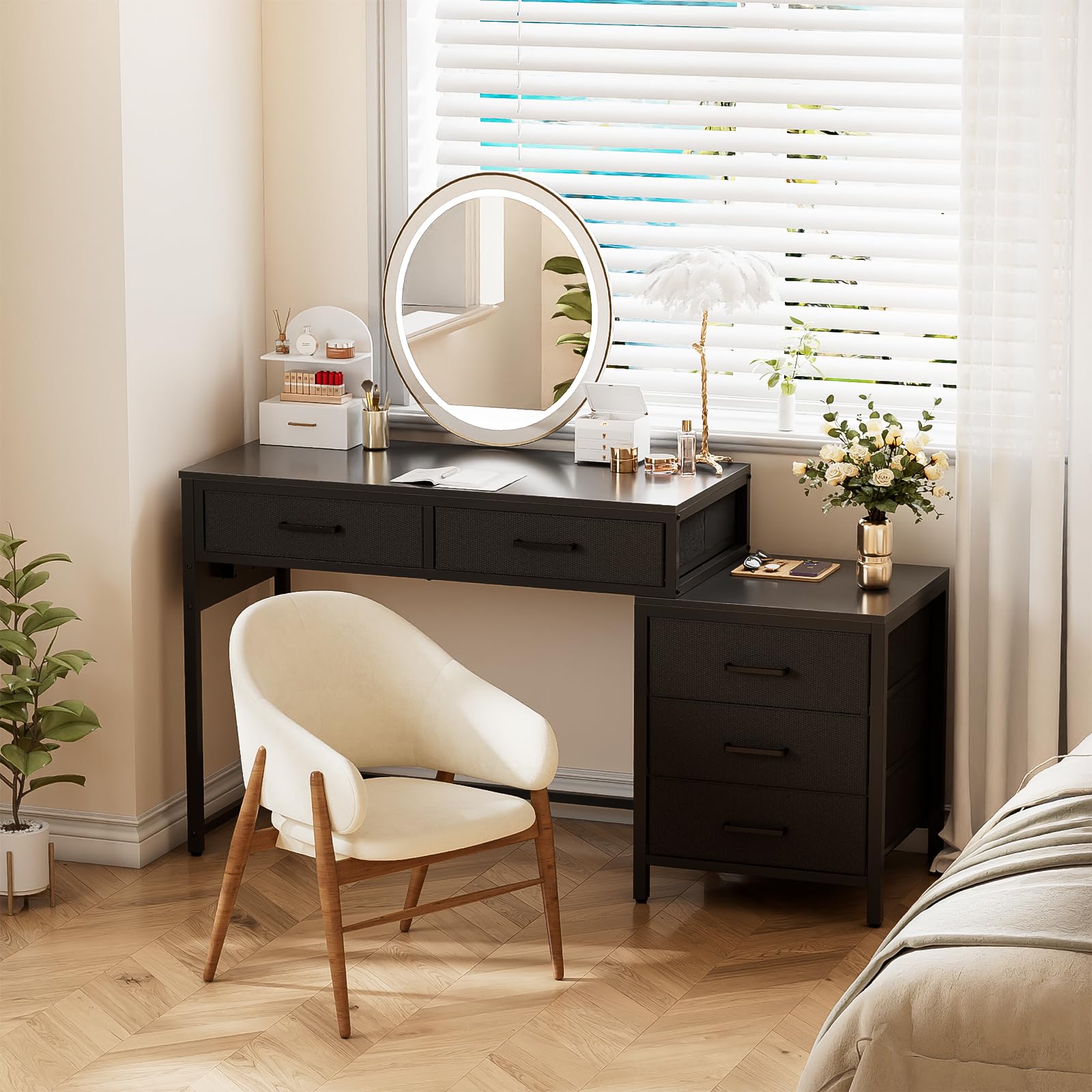 Unikito Reversible Computer Desk with 5 Drawers, Sturdy Office Desk with Power Outlets and USB Ports, Corner Writing Table with File Cabinet & Printer Stand, Vanity Desk with Storage, Black