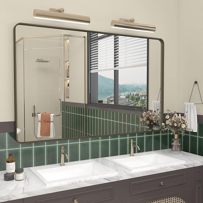 Silver Brushed Bathroom Mirror for Wall, Brushed Silver Metal Framed Bathroom