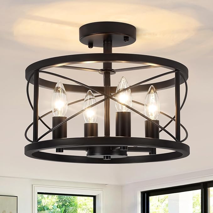 4-Light Modern Ceiling Light, Black Gold Semi Flush Mount Ceiling Light, Hallway Light