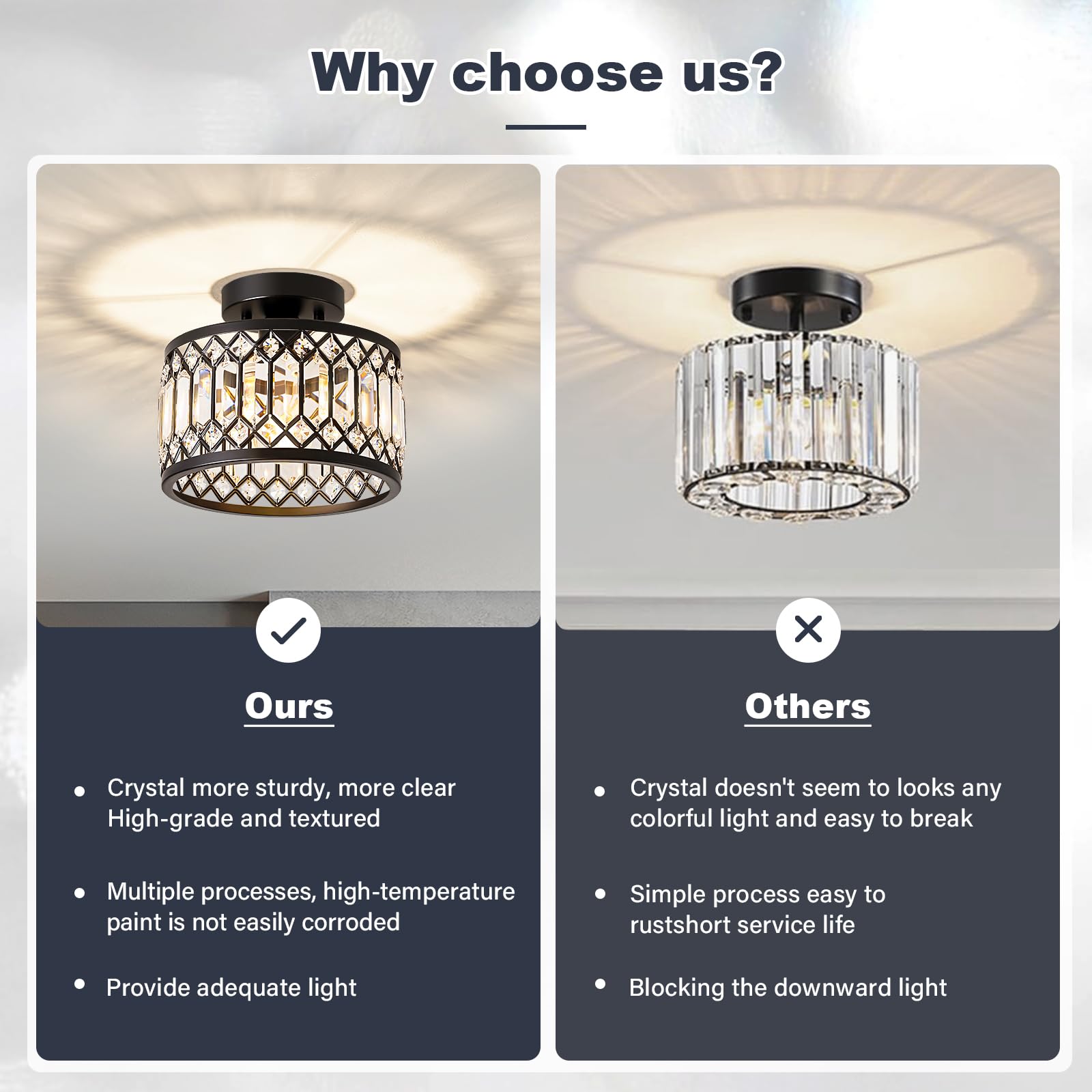 Crystal Black Ceiling Light, Modern Semi Flush Mount Ceiling Lighting Fixture, Round