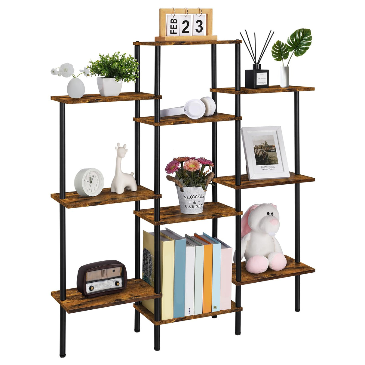4-Tier Bookshelf,Small Triple Wide Bookcase for Books,CDs,Movies,Display Shelf with 10 Open Shelves for Living Room,Home Office,Balcony,Rustic Brown