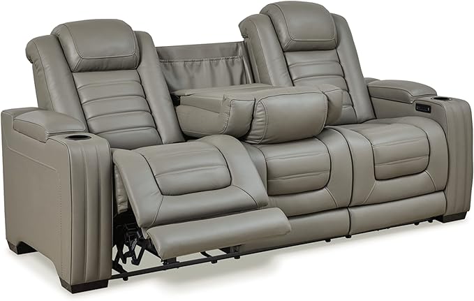The Man-Den Leather Power Reclining Loveseat with Center Console, Adjustable Headrest