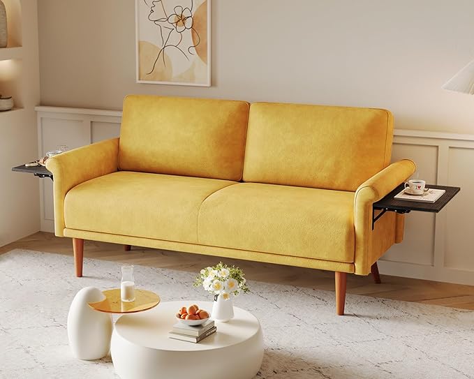 70" Loveseat Sofa with Foldable Side Table, Modern 2 Seater Couch