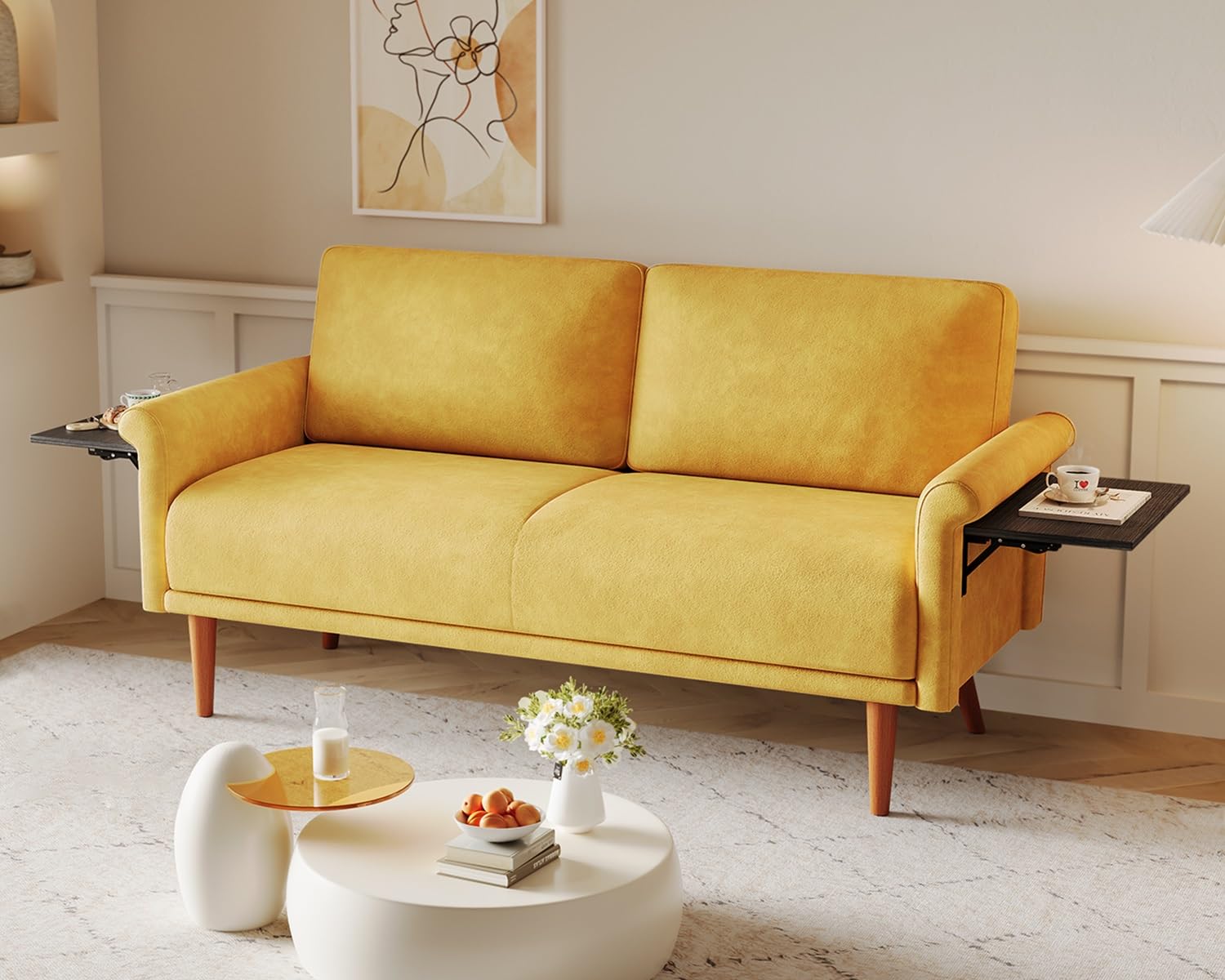 70" Loveseat Sofa with Foldable Side Table, Modern 2 Seater Couch