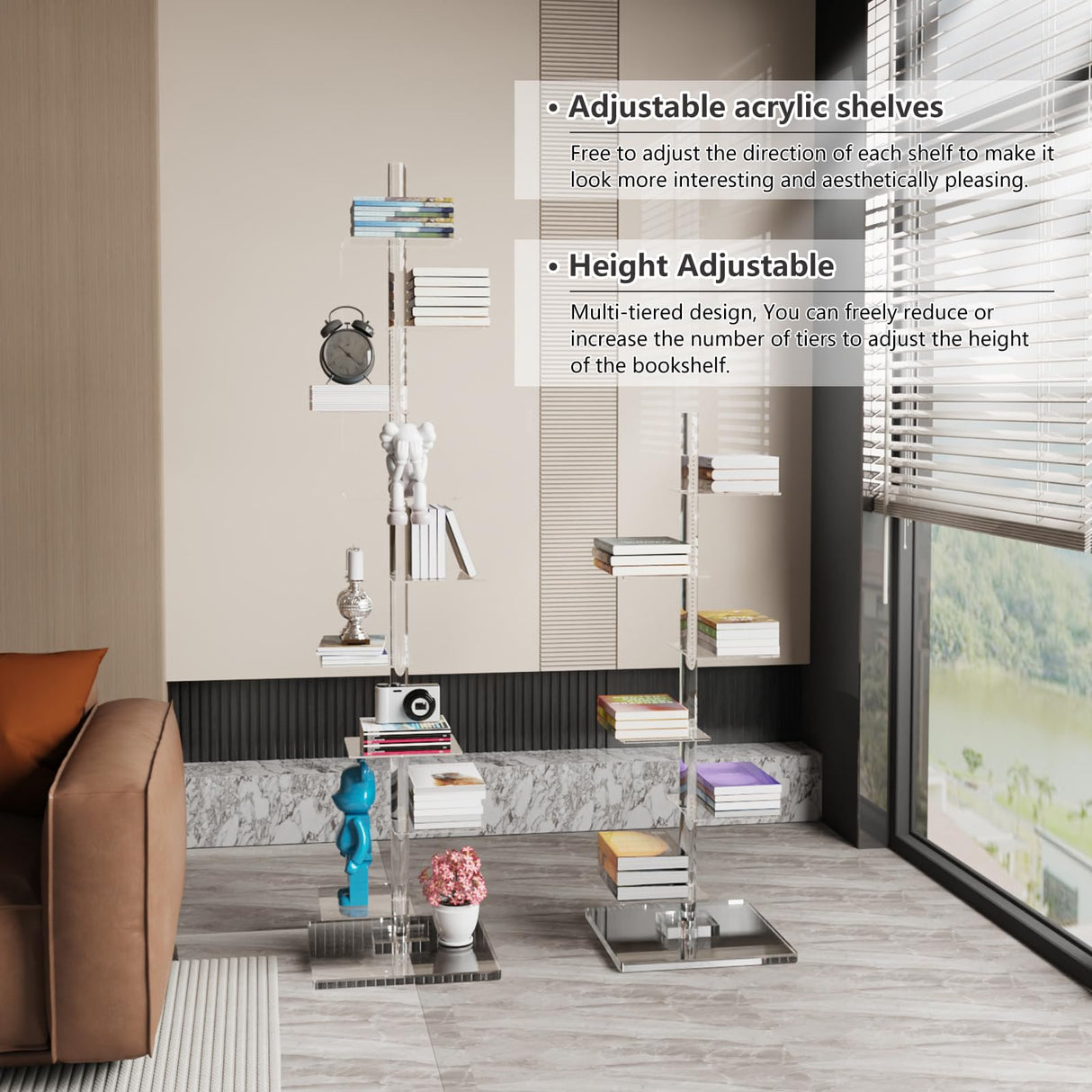 9 Tier Acrylic Bookshelf Invisible Bookshelf, Height Adjustable Vertical Spine Book Tower, Floor Standing Bookcase Display Shelf for Books,Decor, DIY Open Bookcase for Living Room, Office