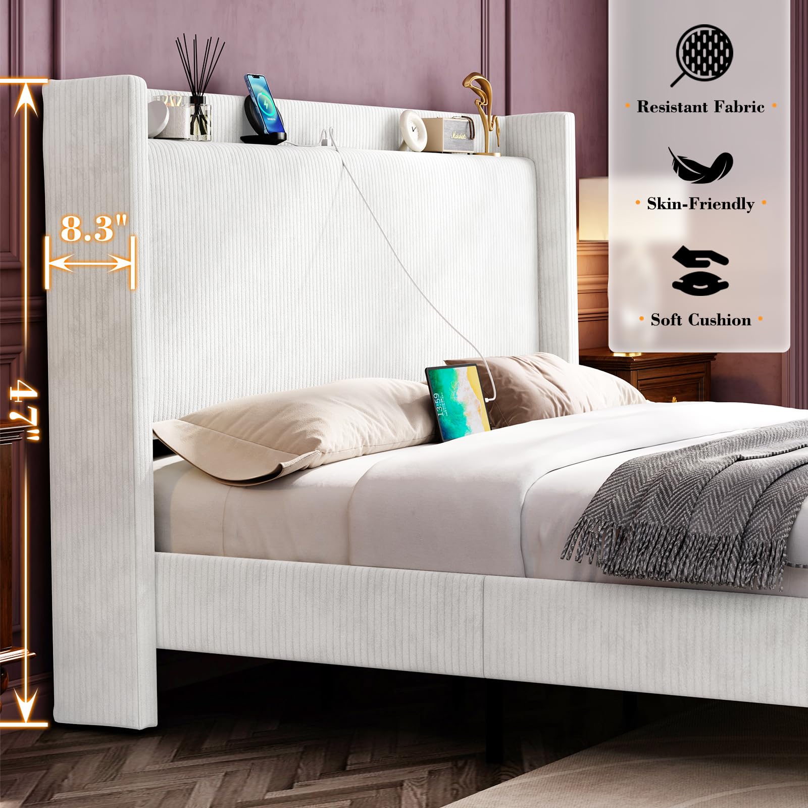 Jocisland Full Size Bed Frame Upholstered Corduroy Bed with Modern Wingback Storage Headboard and Charging Station, No Box Spring Needed, White