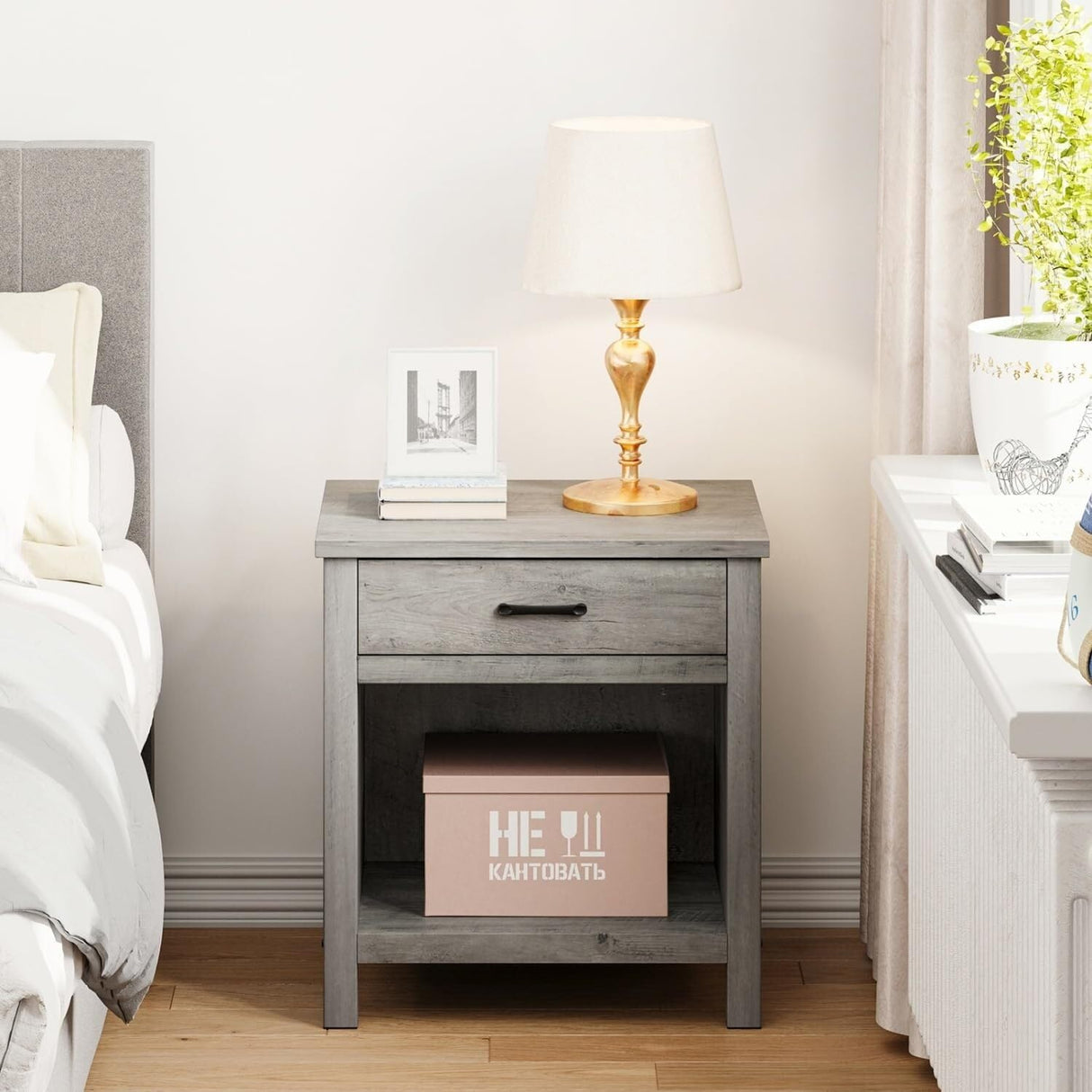 Farmhouse Square Nightstand, Bedside Table with Drawer Grey