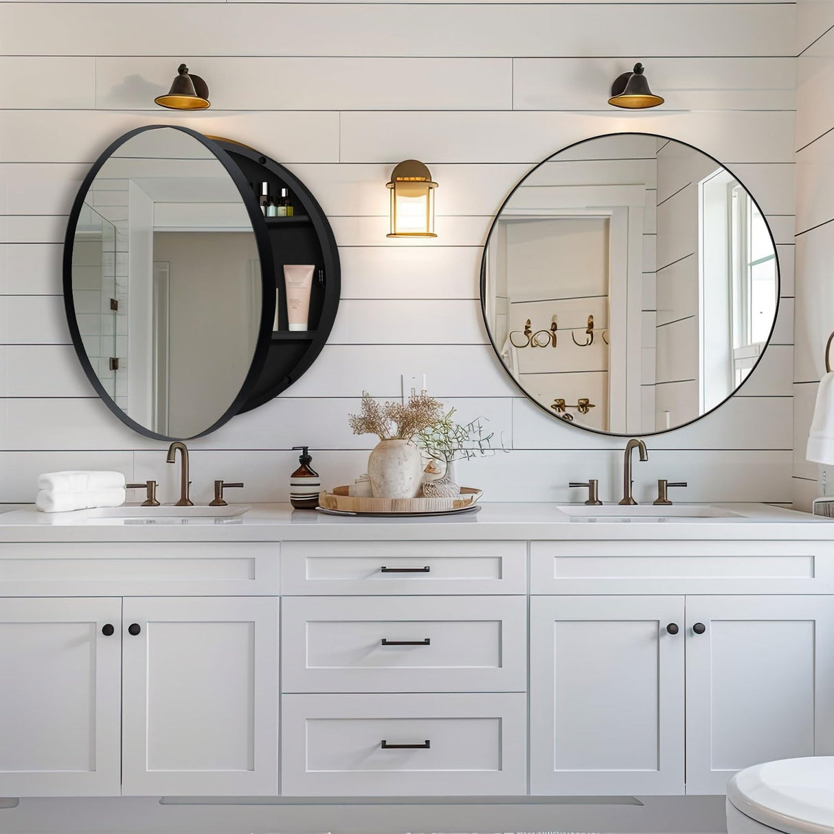 Round Medicine Cabinet with Mirror,Farmhouse Black Bathroom Medicine Cabinet for Wall