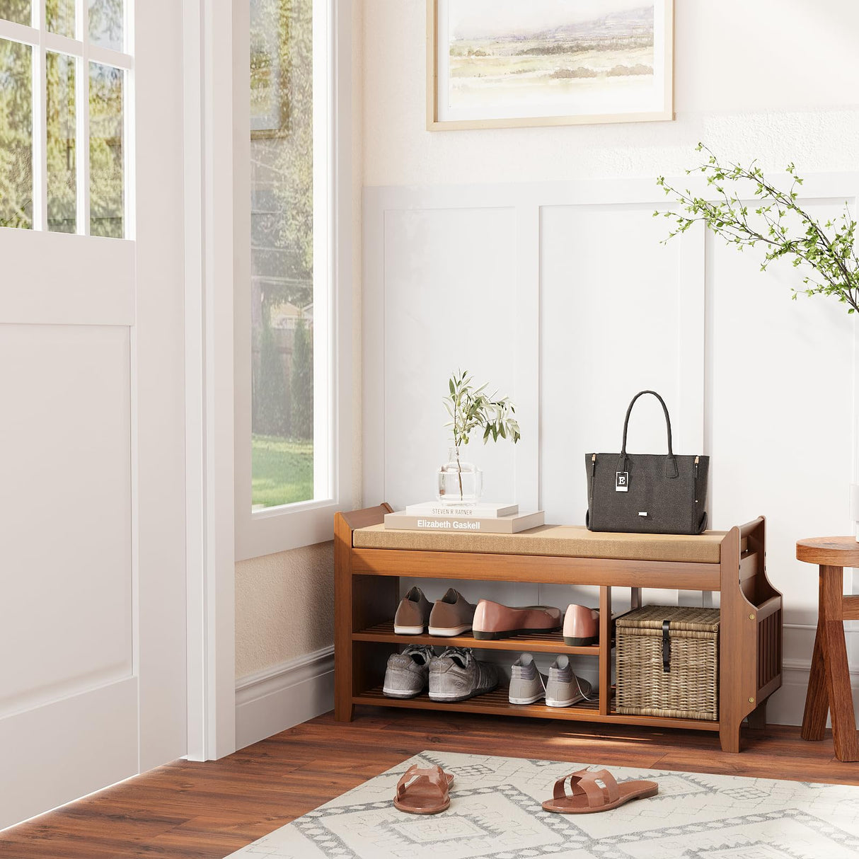 Bamboo Shoe Rack Bench with Removable Cushion