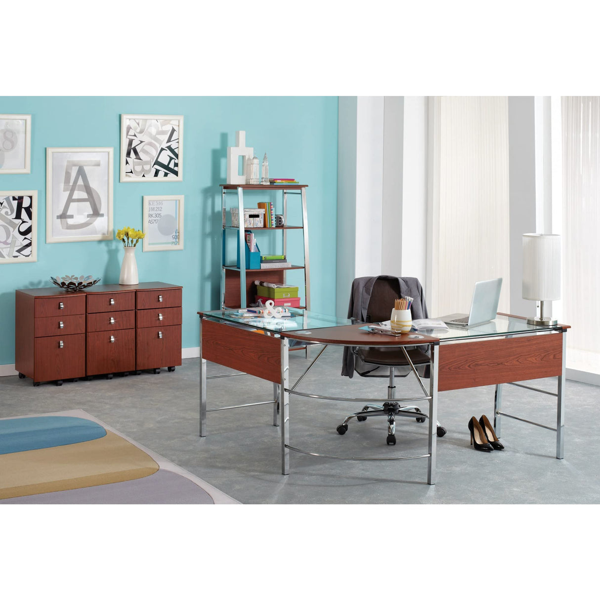 Mezza 62"W L-Shaped Corner Desk, Cherry/Chrome