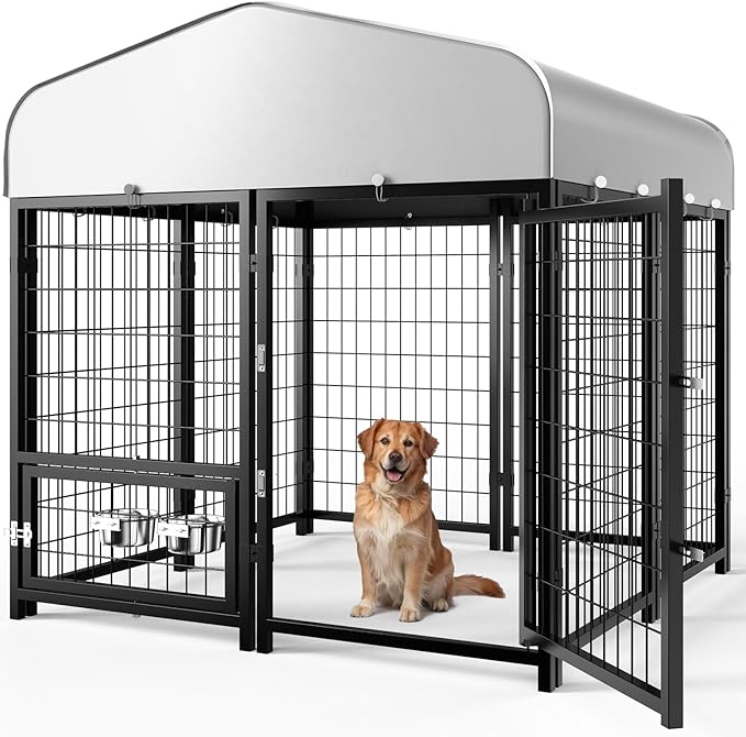 K9Fort Dog Kennel with Welded Panels, Roof & Adjustable Bowls