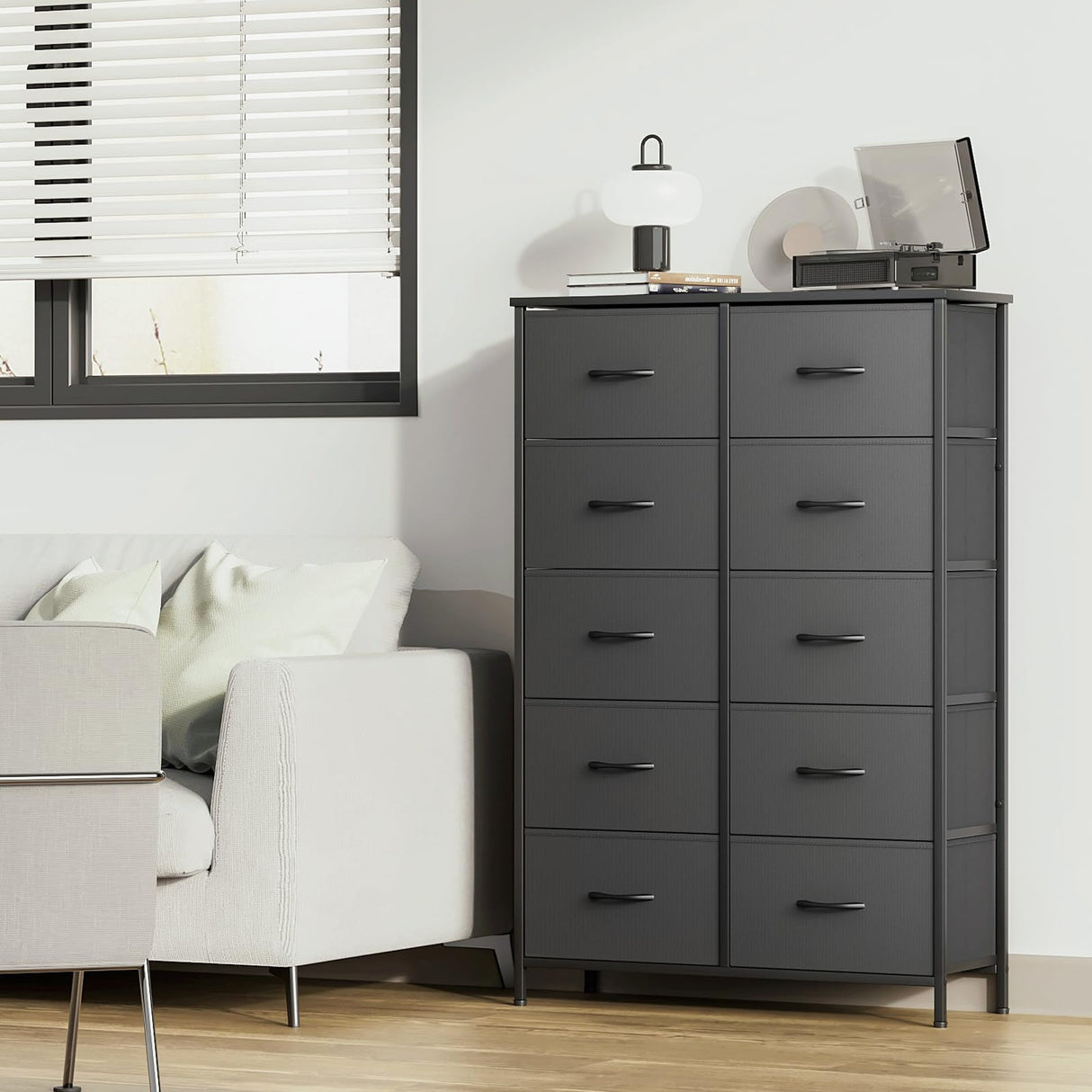 Tall Dresser with 10 Fabric Deep Drawers Metal Frame Storage Tower MDF Board Cabinet