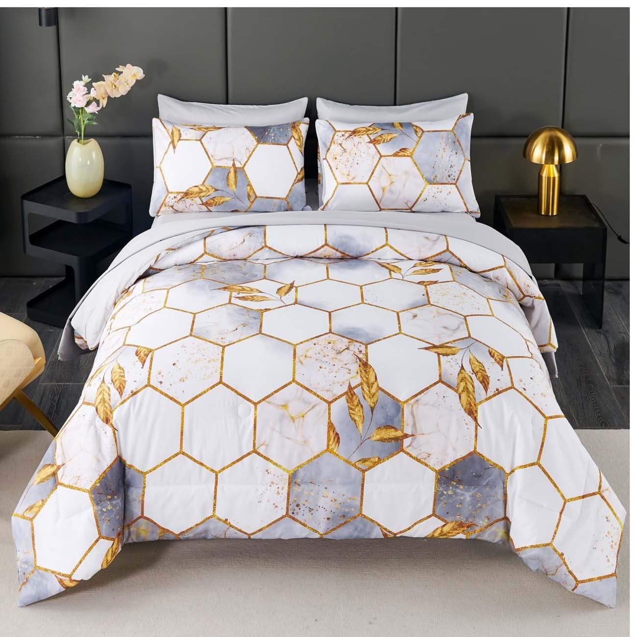 7 Pcs White Marble Bedding Comforter Set California King, Hexagon Honeycomb
