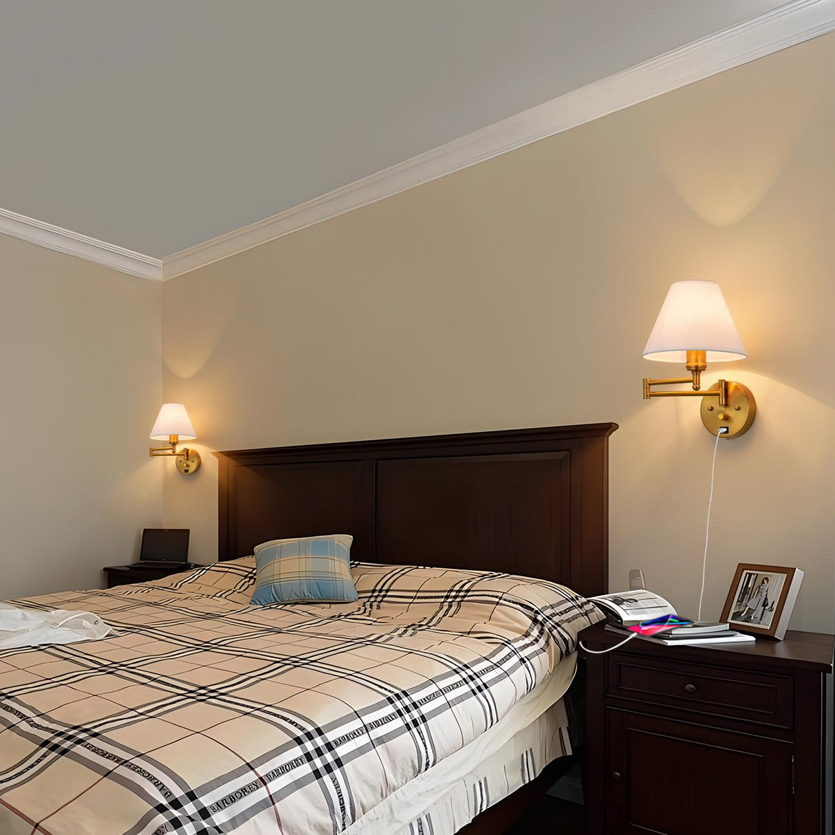 Swing Arm Wall Sconces, Plug-in Wall lamp,Bedroom Wall lamp , White Fabric Shade