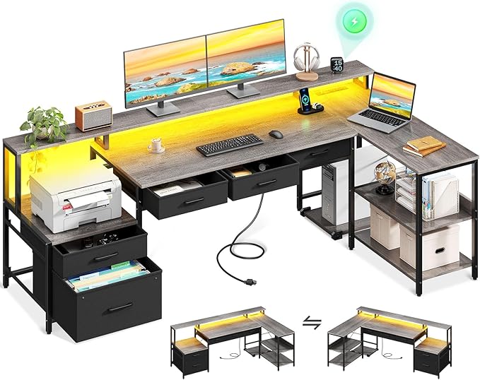 L Shaped Desk with 5 File Drawers, 66" Reversible L Shaped Computer Desk