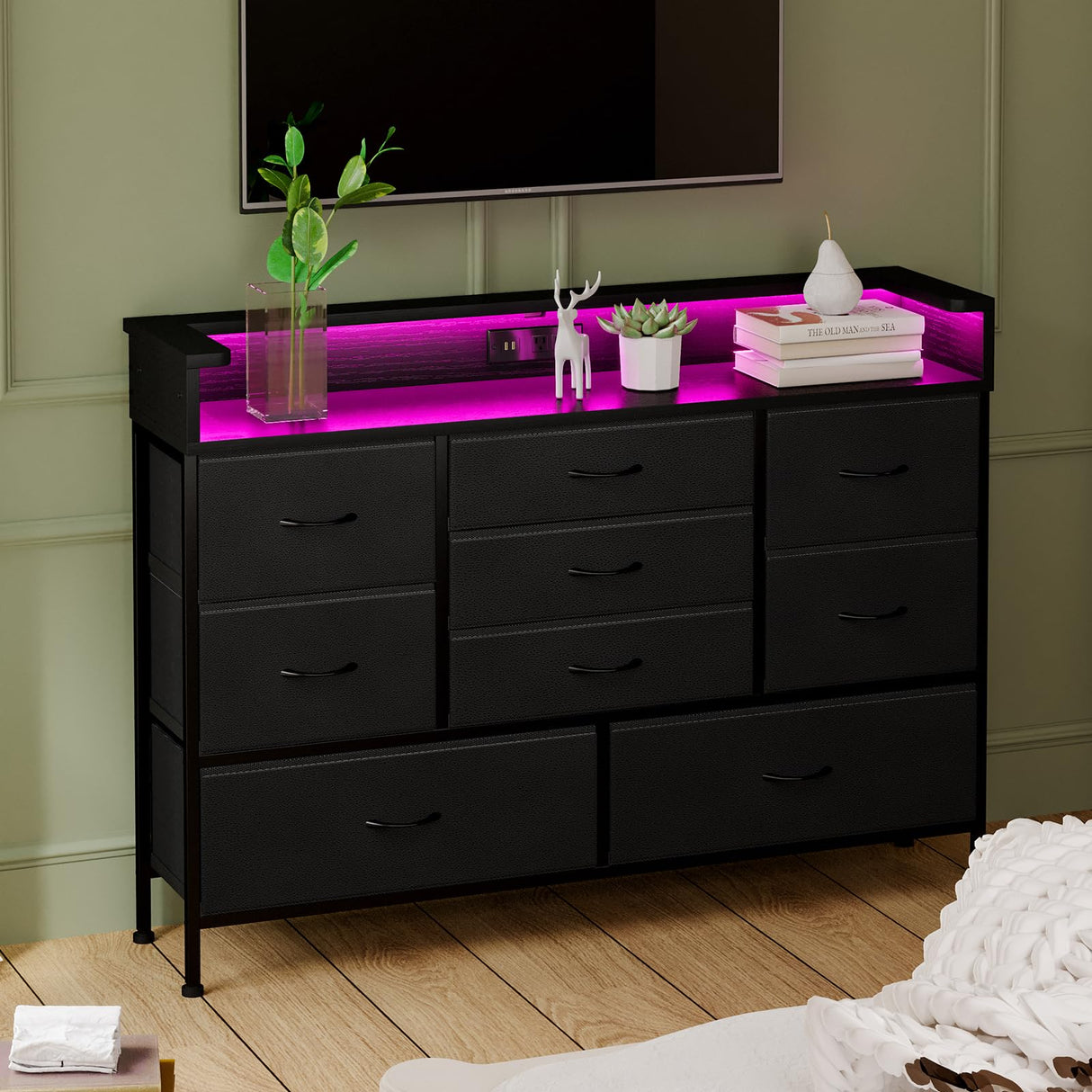 Black LED Dresser for Bedroom, Dresser with 9 Drawers