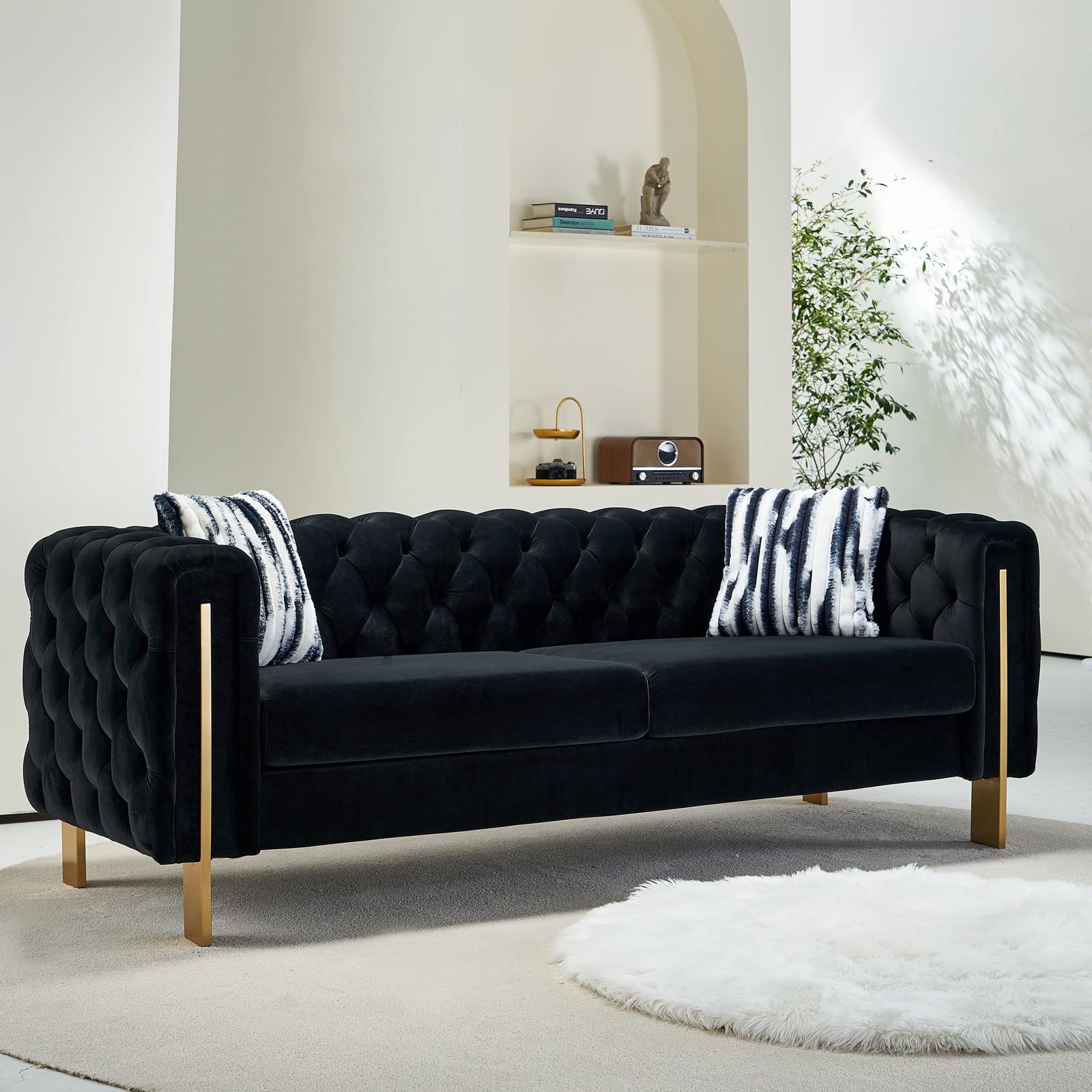Modern Velvet Sofa – 84” Tufted Couch with Pillows & Metal Legs