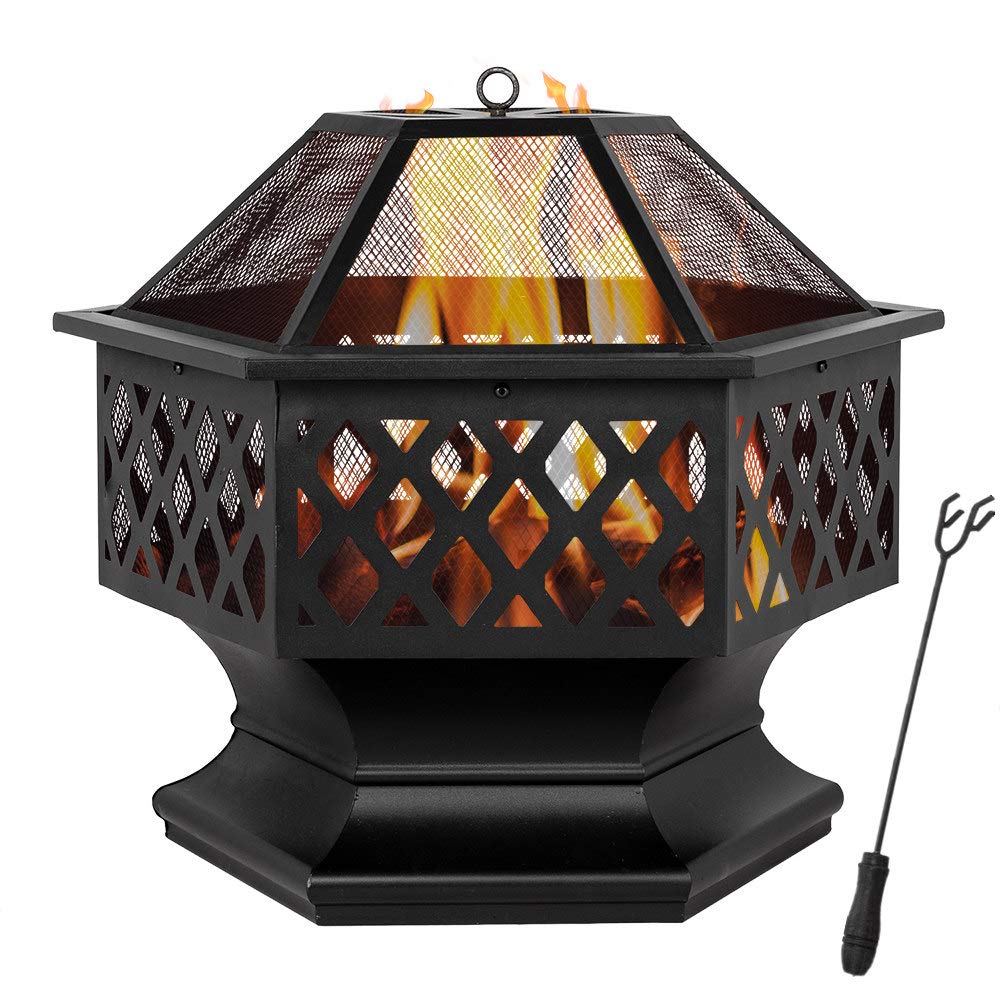 Fire Pits 27in Hexagonal Metal Fire Bowl Outdoor Firepit Backyard Patio Wood Burning