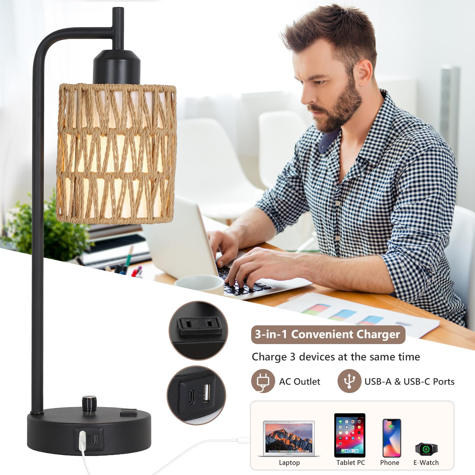 Rattan Table Lamps for Living Room Set of 2, Boho Bedside Lamps with LED Bulbs