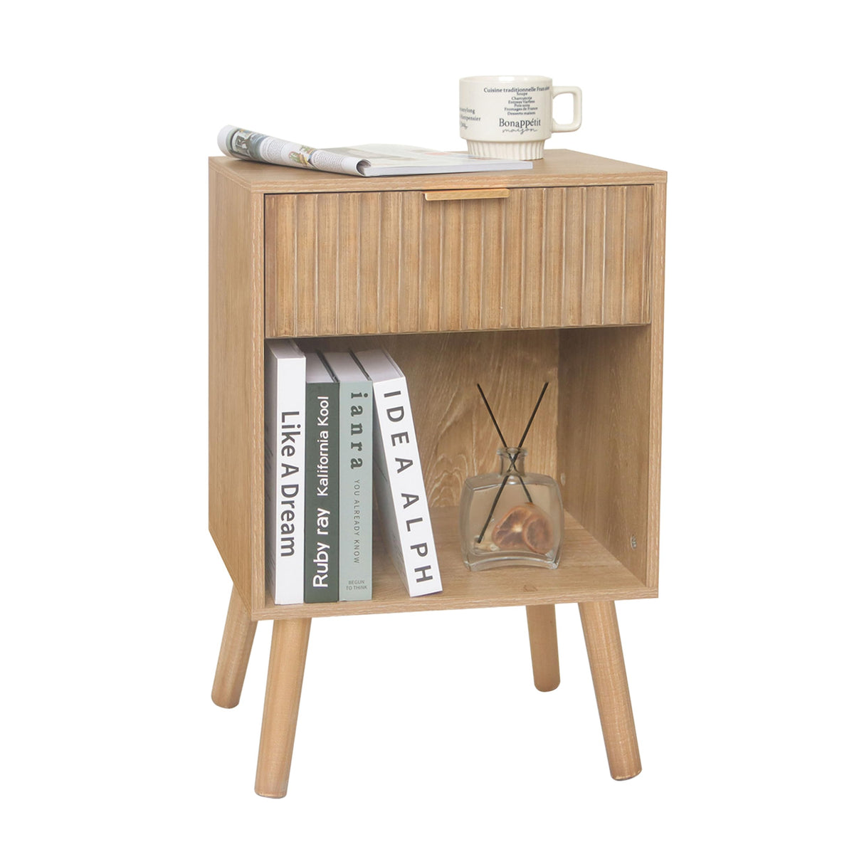 Night Stand with Drawer, Mid Century Nightstand with Storage, Modern Fluted Bedside