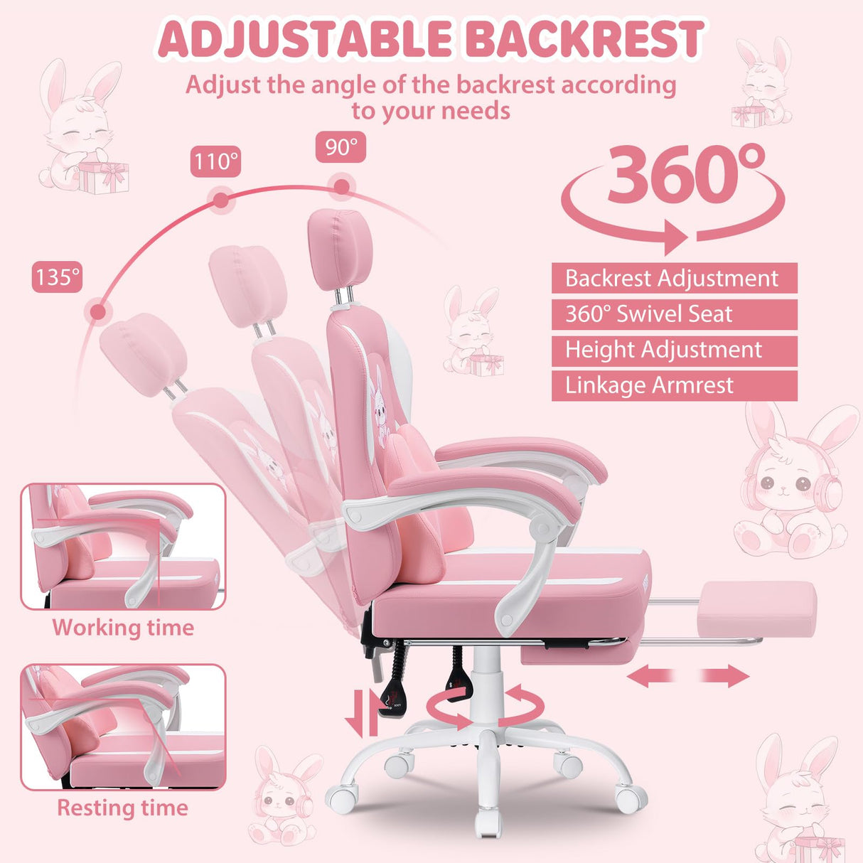 Kids Gaming Chair with Bunny Massage Lumbar Pillow - Pink Desk Chair with Adjustable Headrest & Footrest