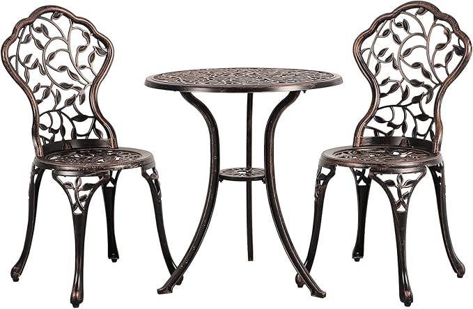 3 Piece Outdoor Bistro Set, All Weather Cast Aluminum Patio Dining Retro Table and Chairs
