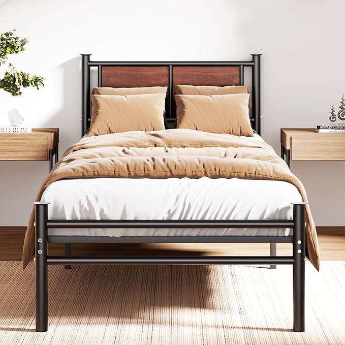 Queen Size Bed Frame with Wooden Headboard, Heavy Duty Platform Bed with 12 inches