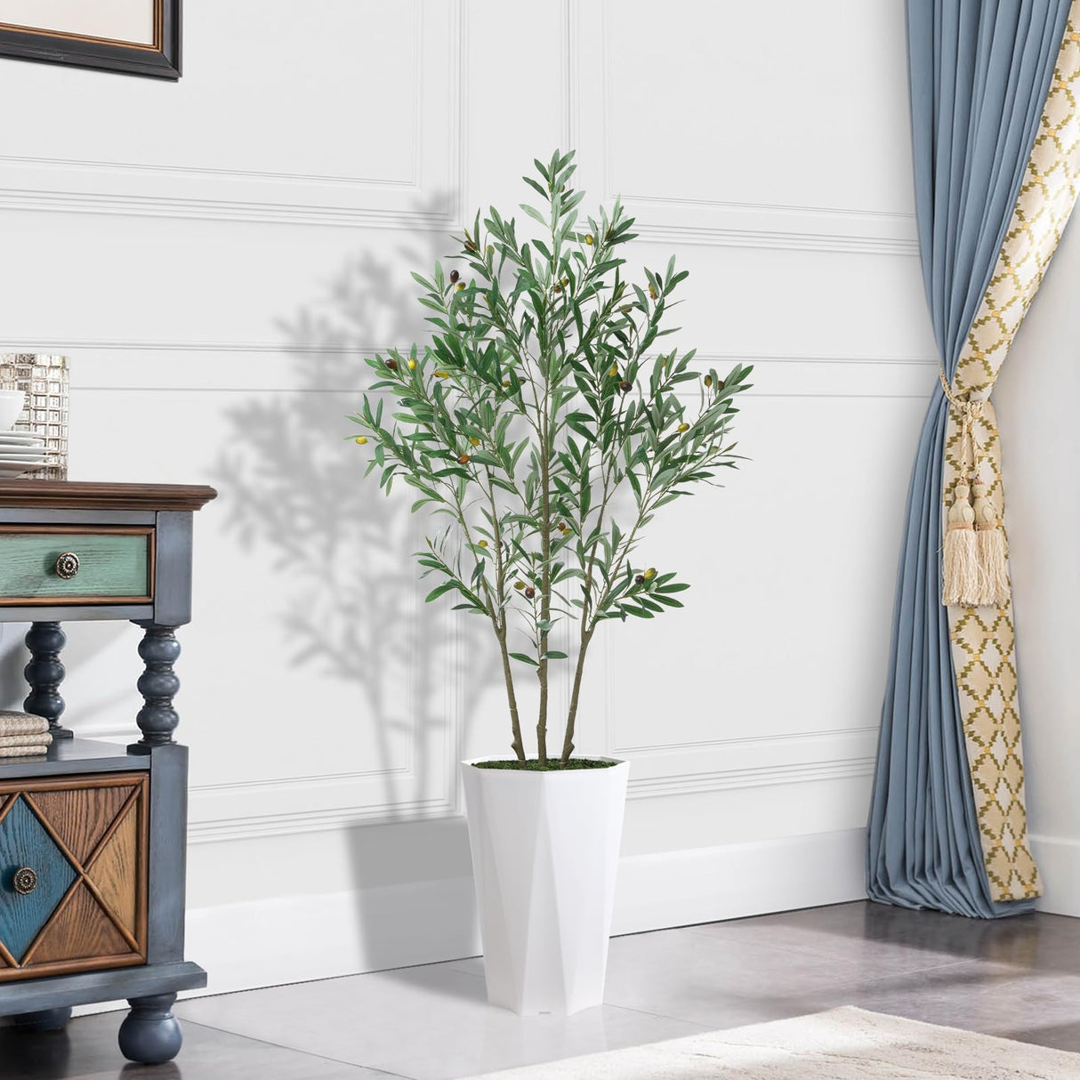 Artificial Olive Tree 5FT Fake Plant with White Diamond Planter Faux Olive Tall