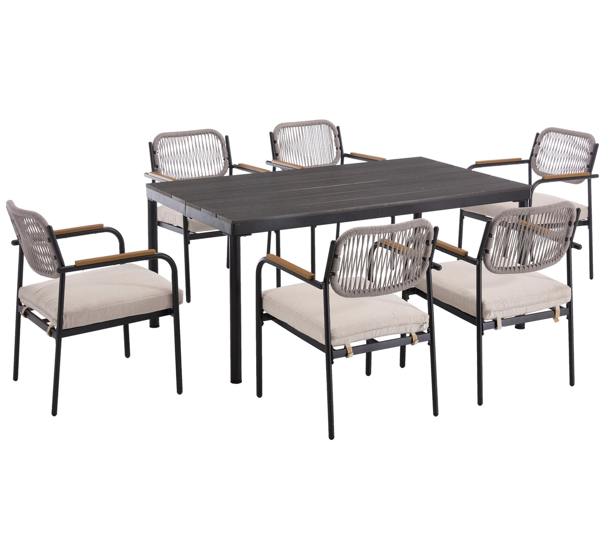 Wicker Outdoor Dining Set for 6, Upholstered 7 Piece Patio Dining Set with Armrests