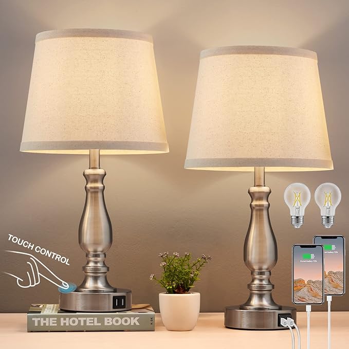 Table Lamps Set of 2, Bedside Nightstand Lamps with USB Charging Ports