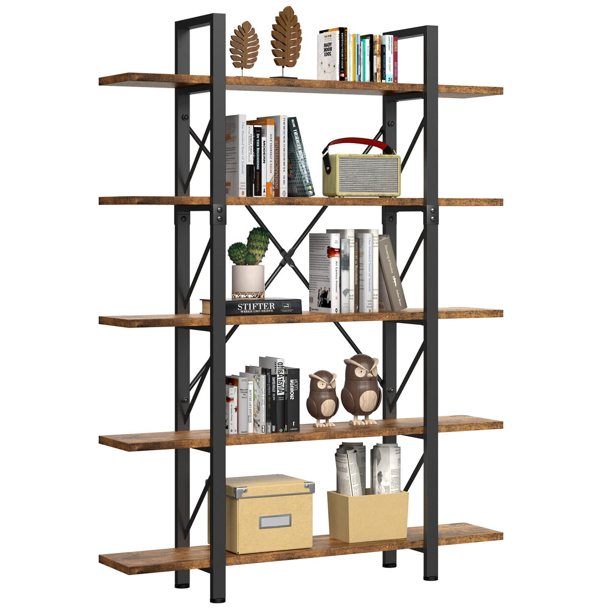 5 Tier Bookshelf, 70.9" Tall Industrial Bookcase, Wide Open Display Storage Book Shelf