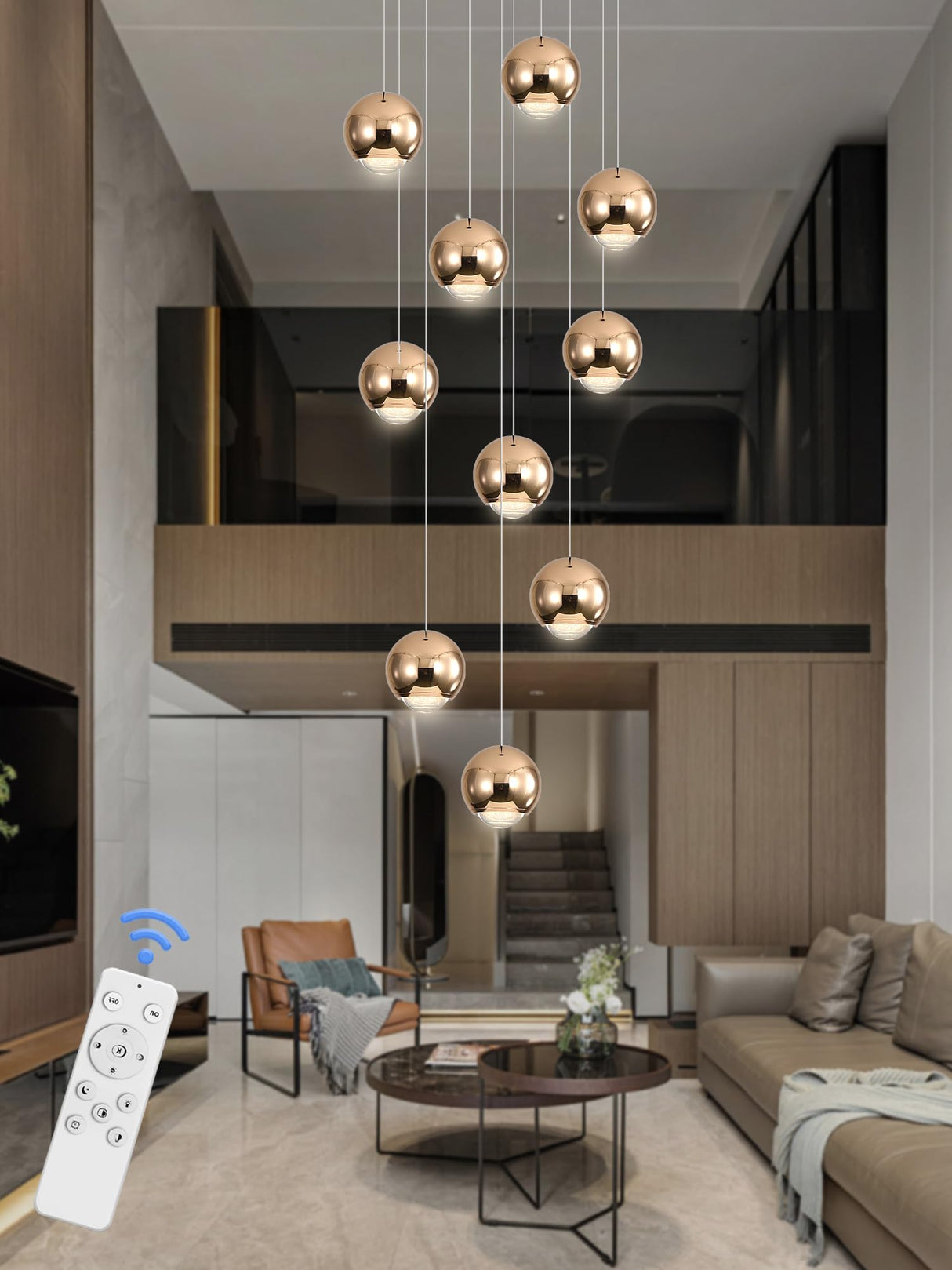 10-Light LED Staircase Gold Chandelier Crystal Ceiling Lights Large Chandeliers for High