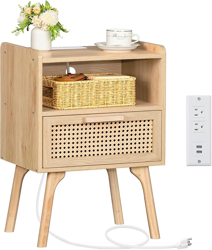 Rattan Nightstands Set of 2 with Charging Station