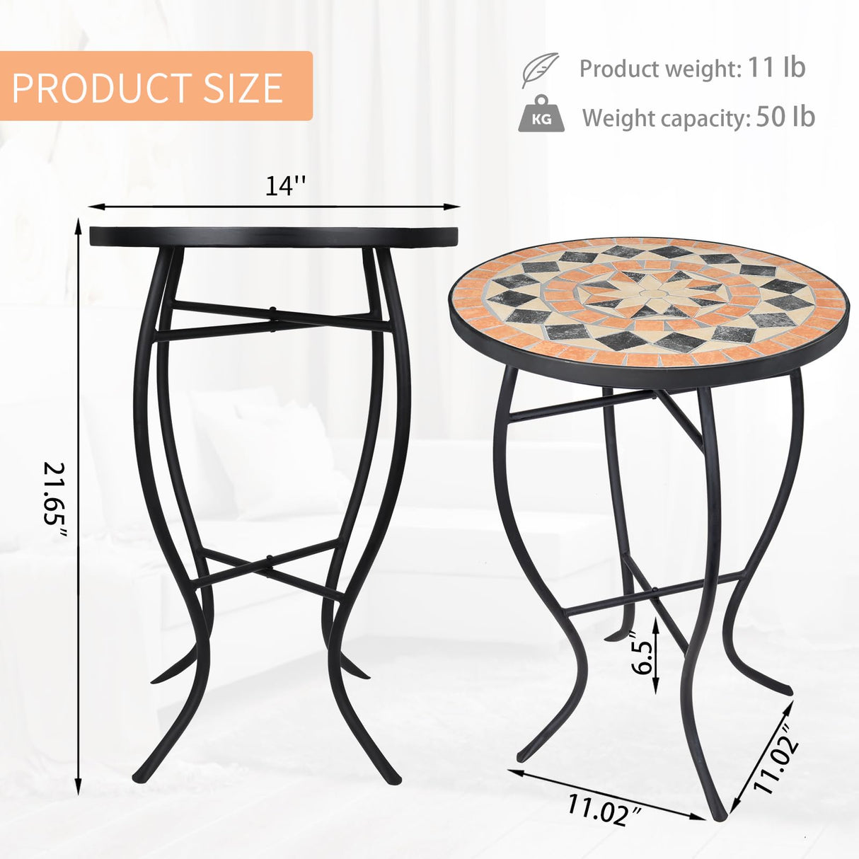 VCUTEKA Mosaic Outdoor Side Table - Small Patio Table Coffee Table Outside Accent Table Round End Plant Table for Bistro Balcony Porch Outdoor Benches 14'' Mosaic Table - Bircata