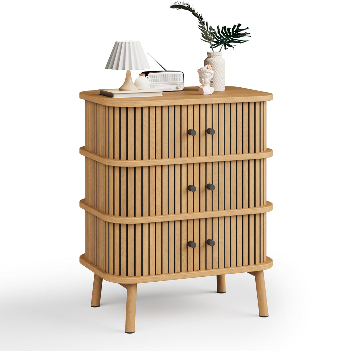 Fluted 3 Drawers Nightstand with Sliding Door, Boho 3 Drawer Dressers