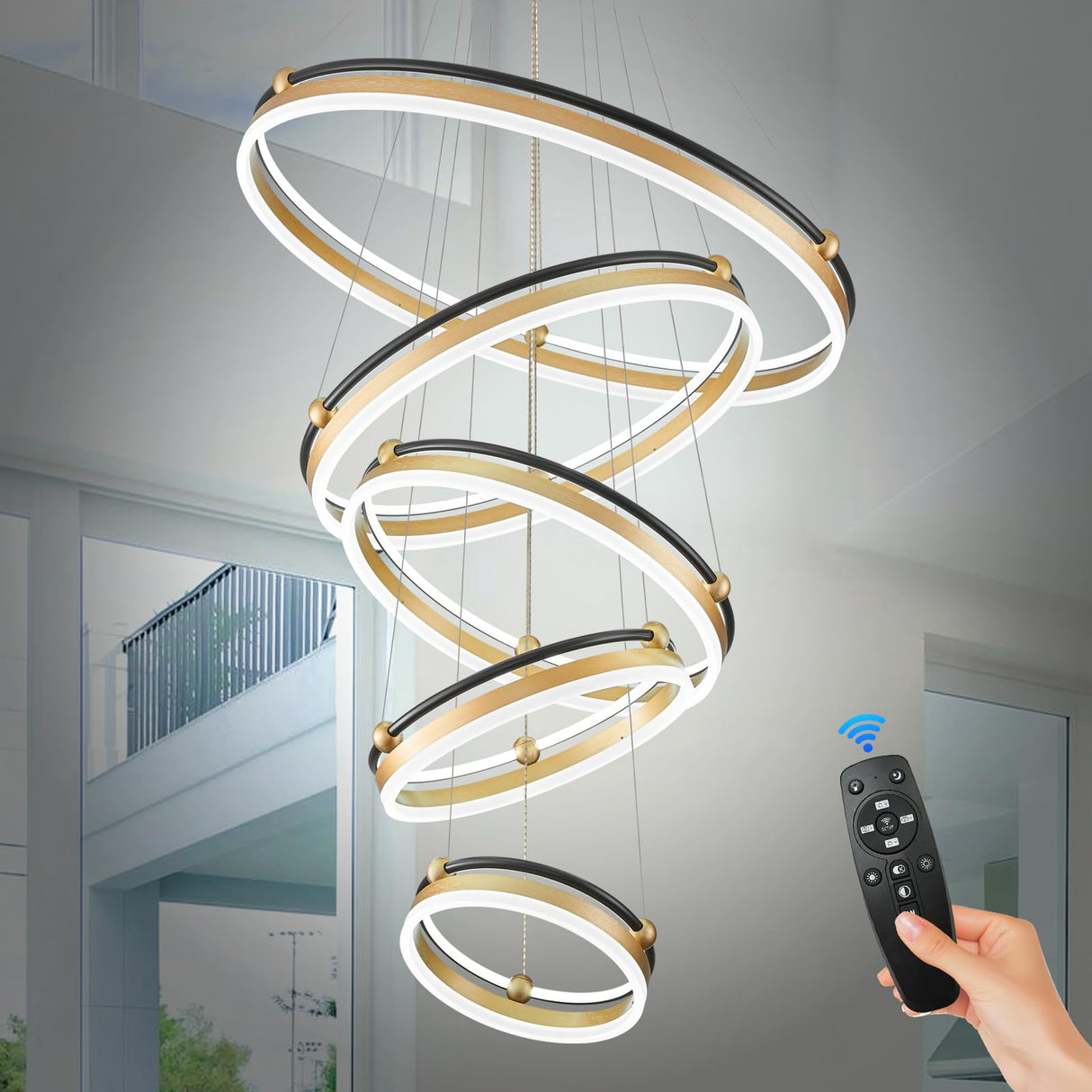 10-Rings Modern LED Chandelier Black Gold Large Dimmable Remote Chandeliers