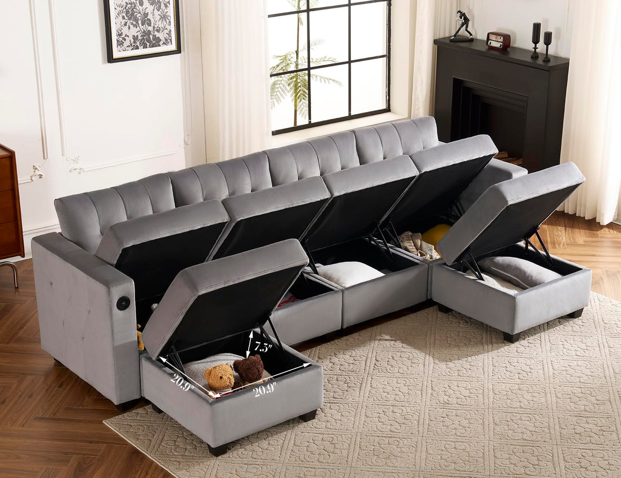 Sectional Sofa with Storage & USB Ports, 108" Velvet Couches for Living Room