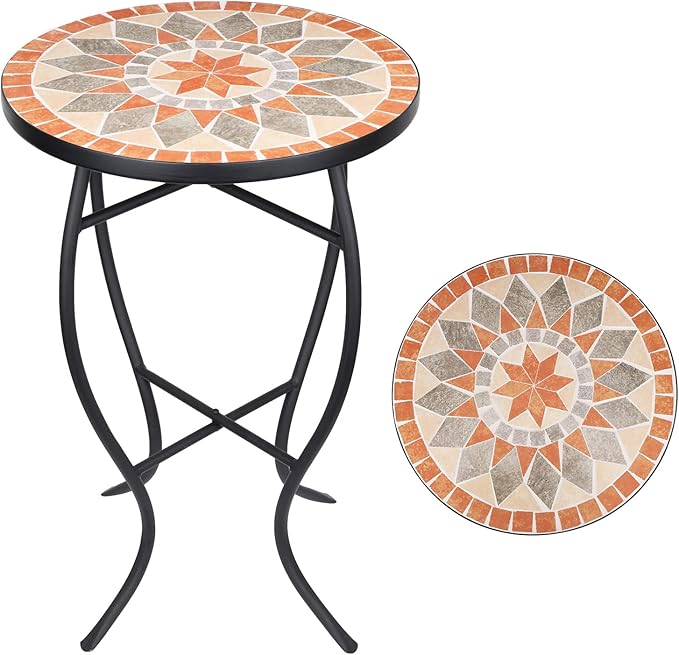 Mosaic Outdoor Side Table, Round Rustproof Patio Tables with 14" Ceramic Tile Top