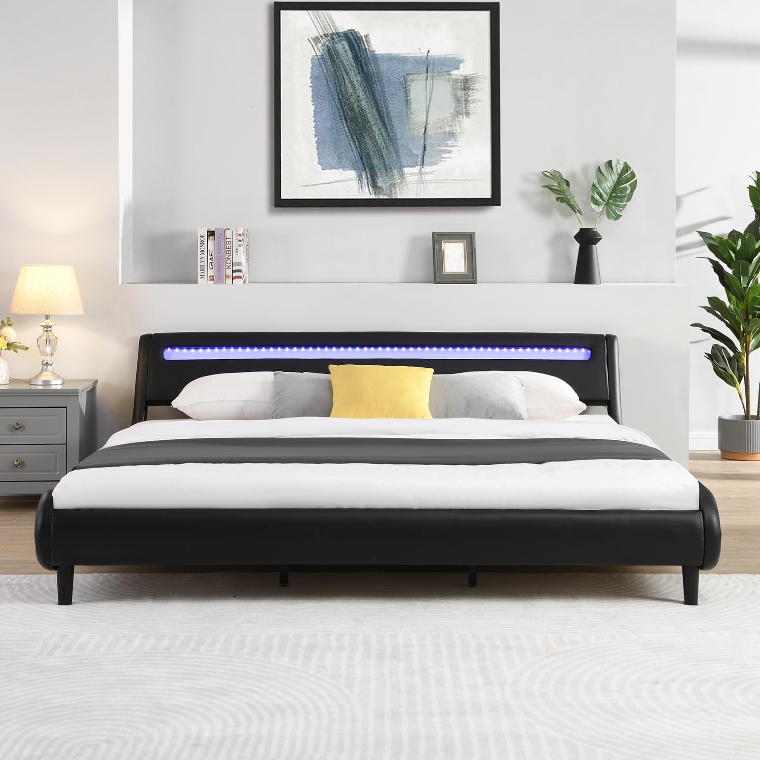 Upholstered Platform Bed Frame with LED Lights Headboard