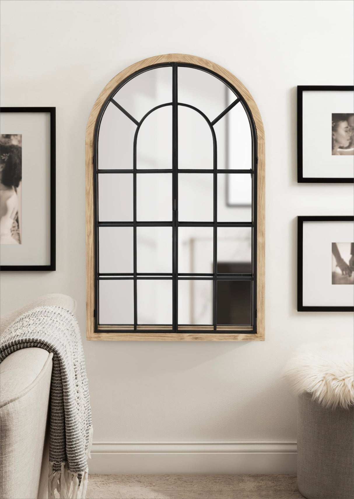 Boldmere Rustic Windowpane Arch Mirror, 26 x 42, Natural Brown and Black