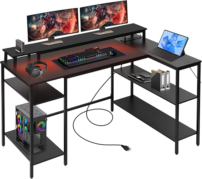L Shaped Gaming Desk with LED Lights & Power Outlets, Reversible Computer Desk