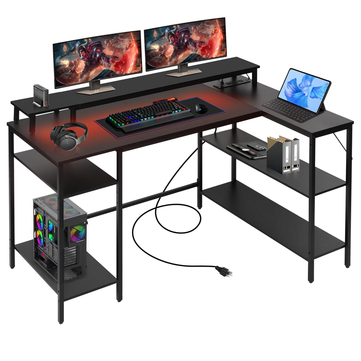 L Shaped Gaming Desk with LED Lights & Power Outlets, Reversible Computer Desk