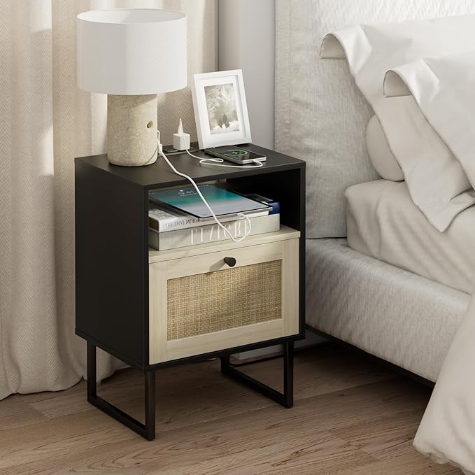 Rattan Nightstand,Modern Boho Farmhouse Wood Bedside Table