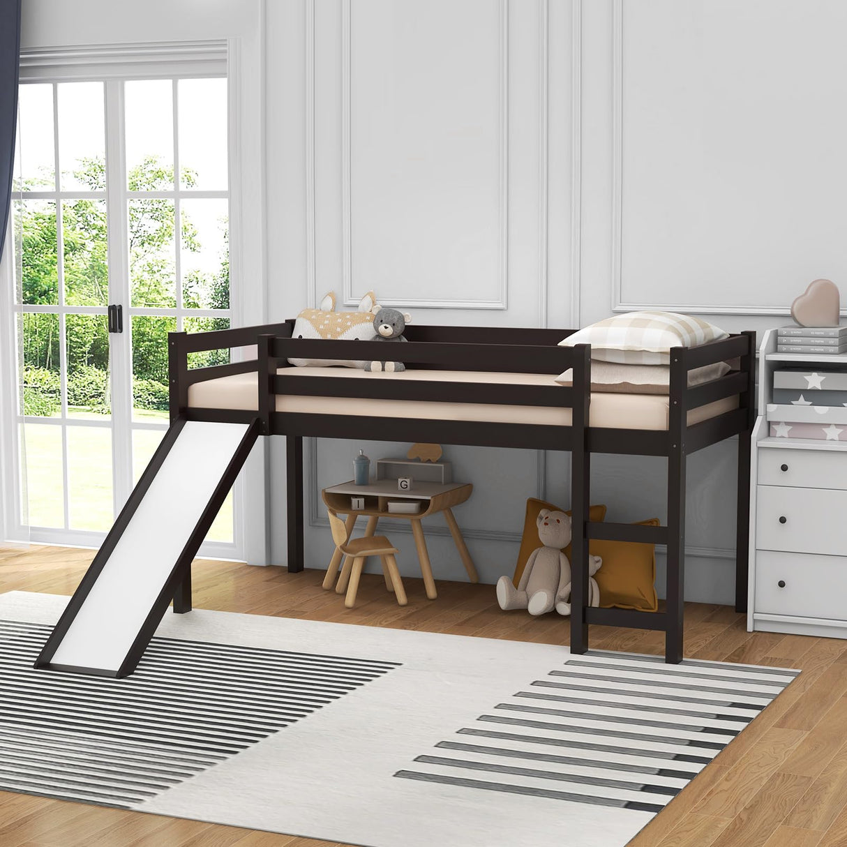 Twin Loft Bed with Slide, Wood Low Loft Bed for Kids