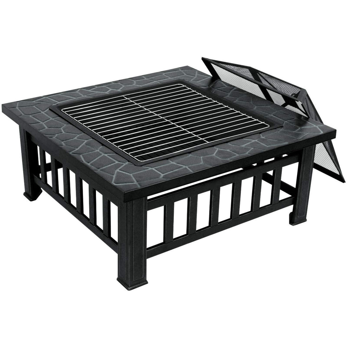 ZENY 32in Outdoor Fire Pits Outside Wood Burning Firepit Square Metal Fireplace Table Fire Bowl with Grill,Screen and Poker for Camping Bonfire Backyard BBQ - Bircata