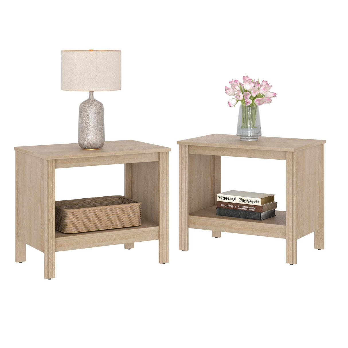 Nightstand Set of 2, Small Square End Tables for Living Room, 2-Tier Kids Bedside Table
