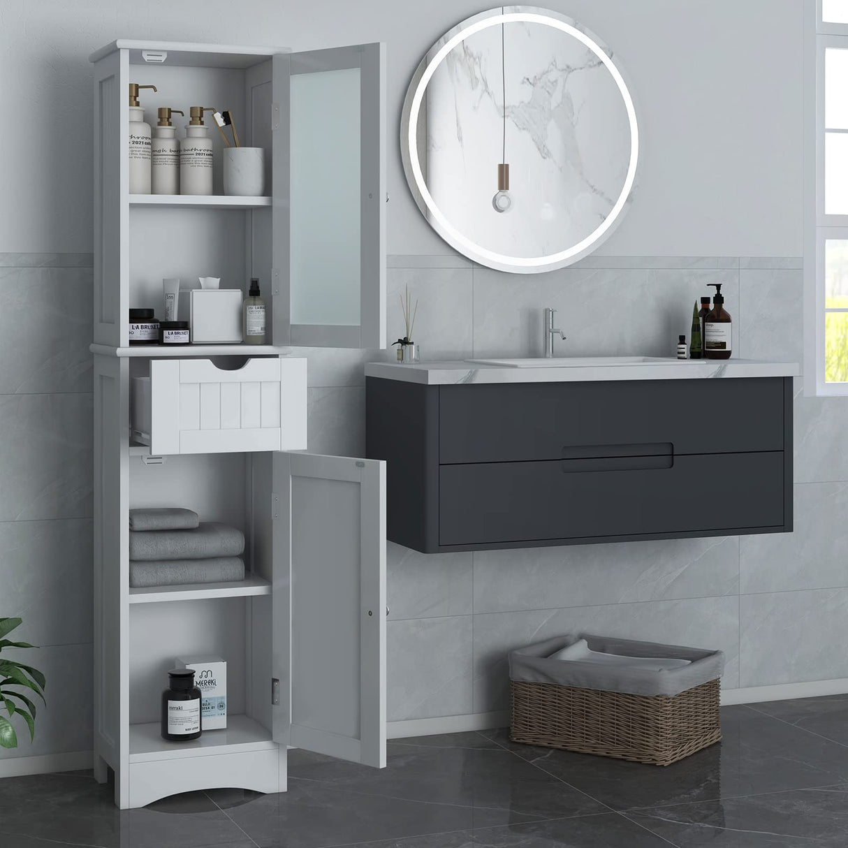 " Tall Bathroom Storage Cabinet, Slim Freestanding Tower w/ 2 Doors & 1 Drawer, Narrow Floor Cabinet w/Adjustable