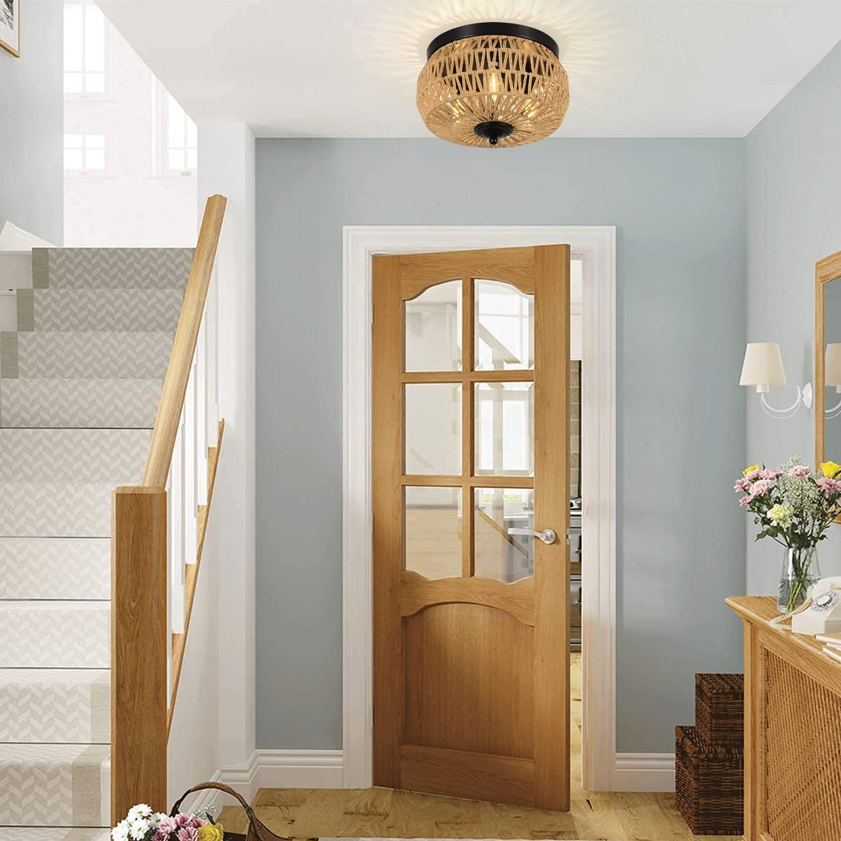 Woven Rattan Flush Mount Ceiling Light Fixture with Hand-Worked Cage Shade