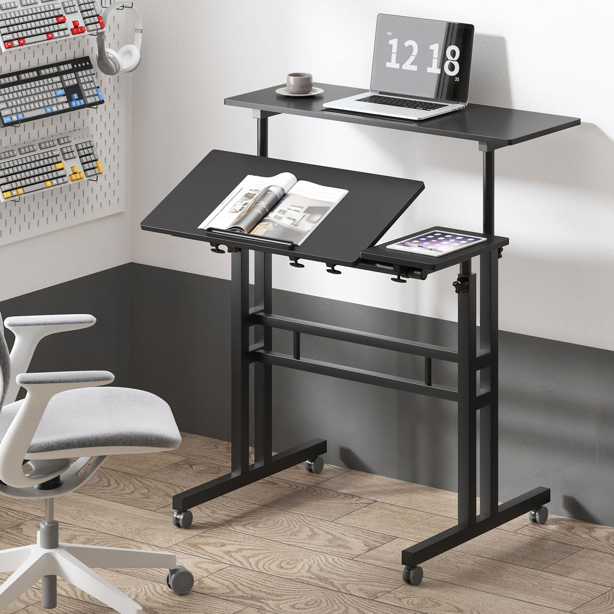 Mobile Laptop Sit-Stand Desk, Height Adjustable Standing Tiltable Top Desk